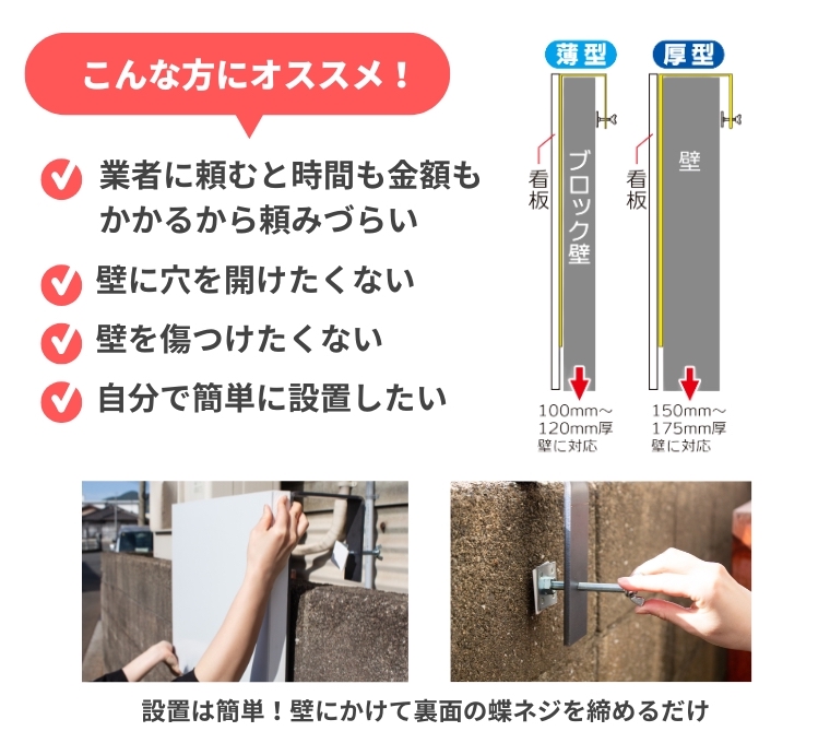 設置は簡単！壁にかけて裏面の蝶ネジを締めるだけ